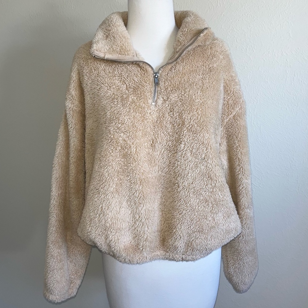 Neutral Tan Fuzzy Teddy Bear Quarter Zip Jacket